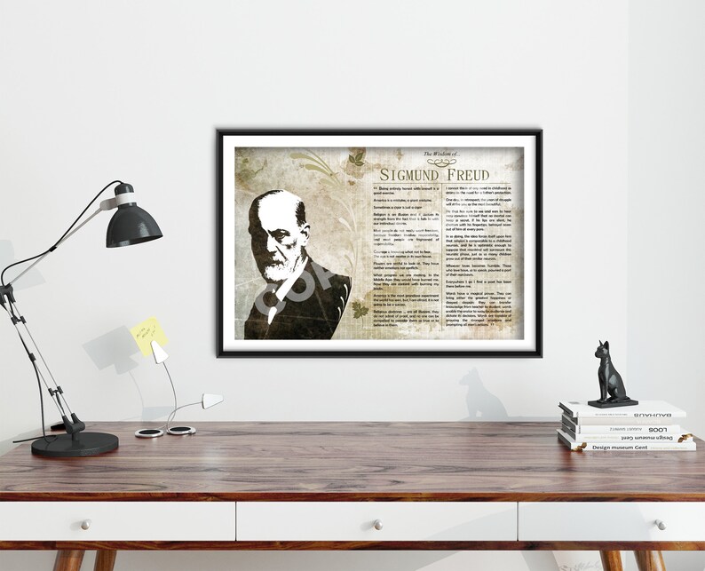May include: A framed print of a black and white portrait of Sigmund Freud with a quote about psychoanalysis. The background is a vintage-style design with a faded floral pattern.