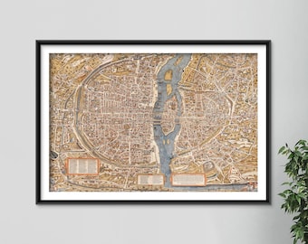 May include: A framed historical map print of Paris, featuring a detailed bird's-eye view of the city streets, buildings, and the Seine River in shades of tan, brown, and blue, with three distinct text boxes containing historical legends.