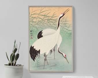 Ohara Koson - Two Cranes (1925) - Classic Painting Photo Poster Print Art Gift Wall Home Decor - Ukiyo-e Japan Bird Heron Hunting