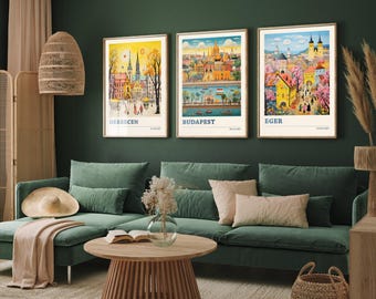 Set of Three Hungary Travel Posters - Debrecen, Budapest, Eger - 3 Modern Art Prints - Photo Painting Illustration Gift Map Greek Visit