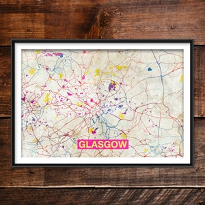 Glasgow Map - Original Art Print (Rainbow) - City Street Map of Glasgow, Scotland - Poster Watercolor Illustration Wall Art Home Decor Gift