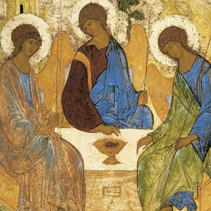May include: An antique religious icon depicting three figures with halos, seated around a table. The figures wear robes in shades of blue, brown, and green. Gold wings and a tree are also visible.