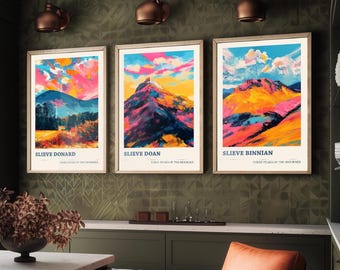 The Mournes - Set of Three Northern Ireland Mountain Peaks - Slieve Donard, Doan, Binnian - 3 Art Prints Painting Illustration Poster Visit