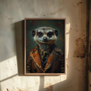 May include: A framed wall art print featuring a portrait of a meerkat wearing a brown textured jacket, a dark vest, and a patterned shirt with a tie. The meerkat has large dark eyes and detailed fur, set against a dark, muted background.