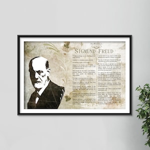 May include: A black and white portrait of Sigmund Freud, a famous psychologist, with a quote from him about the wisdom of childhood. The background is a vintage-style design with a quote from Freud about the wisdom of childhood.
