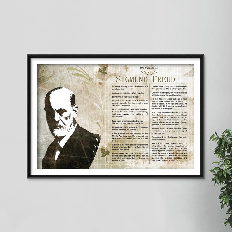 May include: A black and white portrait of Sigmund Freud, a famous psychologist, with a quote from him about the wisdom of childhood. The background is a vintage-style design with a quote from Freud about the wisdom of childhood.