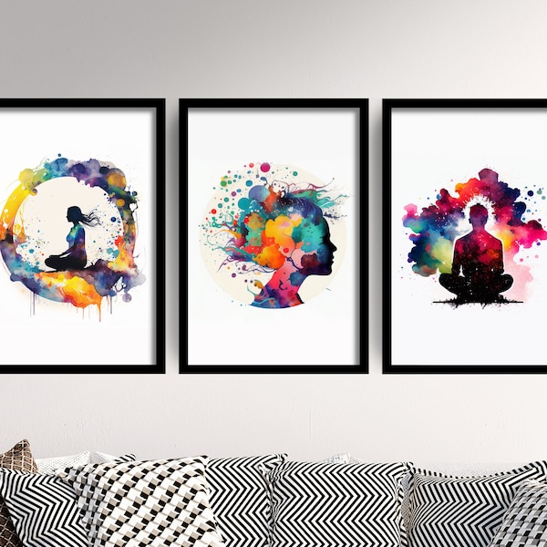Set of Three Meditation Watercolour Prints - 3 Art Paintings Poster Photo Wall Gift Museum Giclée - Mindfulness Gift, Yoga, Relaxation Woman