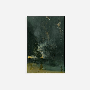 Pode incluir: Uma pintura que representa uma cena noturna escura com uma luz branca brilhante no centro. A luz está envolvida por uma nuvem branca nebulosa. O céu é azul escuro com pequenas estrelas brancas. A parte inferior da pintura é verde escura, possivelmente representando água.