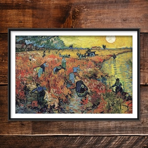 Vincent Van Gogh - The Red Vineyard (1888) - Art Print Painting Poster Wall Decor - Goff Grapes Wine Sunset Farming