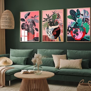 Pots of Leafy Blue Plants - Set of Three Flower Art Prints - Red and Pink Posters - Botanical Home Wall Décor - Greenhouse Jungle Botanical