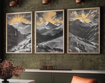Colorado Rockies, Golden Woodcut Set of Three Art Prints - 3 Longs Peak Posters - Mount Elbert Painting - Sangre de Cristo Range Mountain