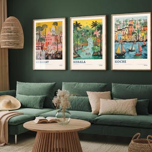 Set of Three Indian Travel Posters - Gujarat, Kerala, Kochi - 3 Modern Art Prints - Photo Painting Illustration Gift Visit India Map