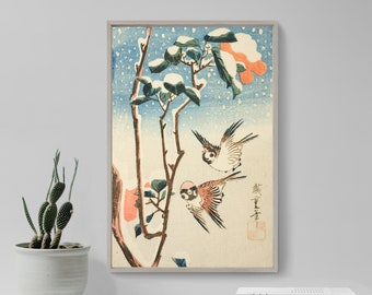 Utagawa Hiroshige - Sparrows and Camellia in Snow (1833) - Painting Poster Print Art Gift Giclée Japan Japanese Ukiyo-e Birds Winter