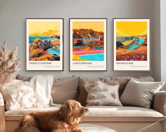 Beaches of the Gower - Set of Three Art Prints - 3 Posters - Three Cliffs Bay, Langland Bay, Rhossili Bay - Painting Illustrations Travel