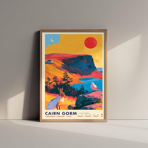 May include: A framed art print titled CAIRN GORM, CAIRNGORMS, HIGHLAND, 1,245M. The illustration depicts a mountain landscape with a red sun, a crescent moon, a hare, and a bird. The scene features vibrant orange, red, and blue colors with a scale.