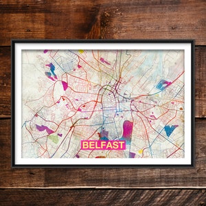 Belfast Map - Original Art Print (Rainbow) - City Street Map of Belfast, Ireland - Poster Watercolor Illustration Wall Art Home Decor Gift