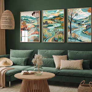 Landscape Illustrations in Turquoise - Set of Three Abstract Prints - Ludlow, Shropshire, Poster, Wales Art, Painting Valley Lake District