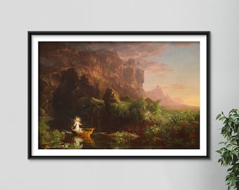 May include: A framed landscape painting depicting a serene scene. A figure in a boat floats on a river, surrounded by lush greenery and towering cliffs. The artwork features warm colors and a sense of tranquility.