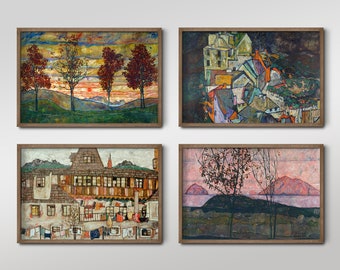 Op de afbeelding: Vier ingelijste schilderijen met verschillende scènes. Het eerste schilderij toont een landschap met drie bomen en een zonsondergang. Het tweede schilderij toont een stadsgezicht met gebouwen in verschillende kleuren. Het derde schilderij toont een gebouw met een balkon en wasgoed dat aan een lijn hangt. Het vierde schilderij toont een landschap met twee bomen en een meer.