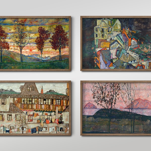 Conjunto de quatro gravuras de Egon Schiele - 4 pinturas clássicas - pôster fotográfico para decoração de parede, impressão giclée com qualidade de museu - paisagem de verão vibrante e colorida