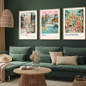 Set of Three Indonesian Travel Posters - Jakarta, Bali, Yogyakarta - 3 Modern Art Prints - Photo Painting Illustration Gift Visit Indonesia