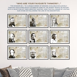 May include: A collage of nine black framed prints featuring portraits of famous thinkers, including Henry David Thoreau, Sun Tzu, Isaac Newton, Immanuel Kant, Frederic Chopin, Ludwig van Beethoven, Mozart, Gautama Buddha, and Epicurus. Each print includes a quote from the thinker.