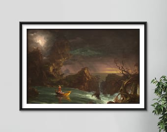 May include: A painting depicting a lone figure in a small boat navigating a stormy sea. The scene is dramatic, with dark clouds and crashing waves. The figure is small and appears to be struggling against the elements.
