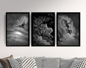 Set of Three Gustave Dore Prints - 3 Classic Paintings - Photo Poster Wall Art Gift Giclée Museum Quality - Fall of Satan Descending