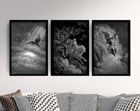 Set of Three Gustave Dore Prints - 3 Classic Paintings - Photo Poster Wall Art Gift Giclée Museum Quality - Fall of Satan Descending