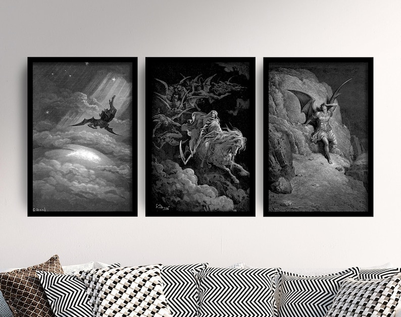 Set of Three Gustave Dore Prints - 3 Classic Paintings - Photo Poster Wall Art Gift Giclée Museum Quality - Fall of Satan Descending image 1