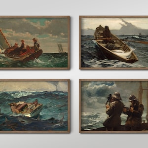 May include: Four framed paintings depicting scenes of boats and people on the sea. The top left painting shows a sailboat with people on board. The top right painting shows a rowboat with two people in it. The bottom left painting shows a boat with people in it surrounded by water. The bottom right painting shows two people standing on a boat looking out at the sea.