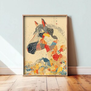 May include: A framed art print featuring a colorful, abstract illustration of a horse's head in profile. The artwork uses a collage style with various patterns and textures, including patches of red, blue, yellow, and orange. The horse's eye is visible, and the background is a light beige.