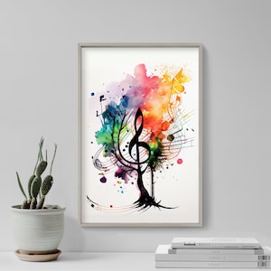 May include: A watercolour painting of a colourful tree with musical notes and a treble clef. The tree is painted in shades of yellow, orange, red, purple, and blue.