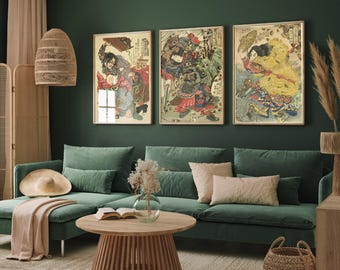 Set of Three Utagawa Kuniyoshi Prints V2 - 3 Japanese Warrior Paintings - Photo Poster Wall Art Gift Giclée - Heroes of The Water Margin