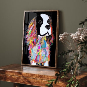 Painting of A Cavalier King Charles Spaniel Covered in Colorful Pieces of Paper - Art Print Poster Painting - Giclee Home Wall Décor