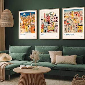 Set of Three Peru Travel Posters - Cusco, Lima, Arequipa - 3 Modern Art Prints - Photo Painting Illustration Gift Map Peruvian