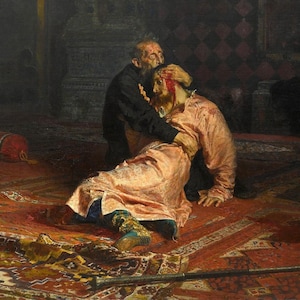 May include: A historical painting depicts two men in a dimly lit room. One man, in a pink robe, is being held by another in black. The scene is set on a patterned red carpet, with a chest and a weapon visible.
