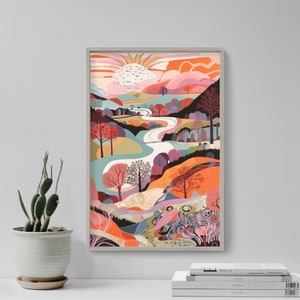 木々、丘、湖のある風景画3 - アートプリントポスター絵画 - ジクレーホームウォールデコレーション