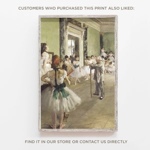 May include: A painting of a ballet class with a group of young women in white tutus practicing their dance moves. The instructor, an older man with a cane, is watching them. The painting is set in a large, airy room with high ceilings and a large window.