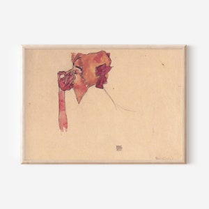 Egon Schiele - Gerti Schiele with a Loop of Hair (1910) - Classic Painting Photo Poster Print Art Gift Wall Home Decor - Girl Holding Nose