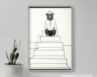 Podium Bear Line Drawing - Art Print Poster Painting - Giclee Home Wall Décor