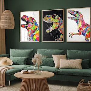 Set of Three Tyrannosaurus Rex Art Prints - Colourful Jurassic Dinosaur Posters - Patchwork Paper Paintings - T-Rex Home Wall Dino Décor #V2