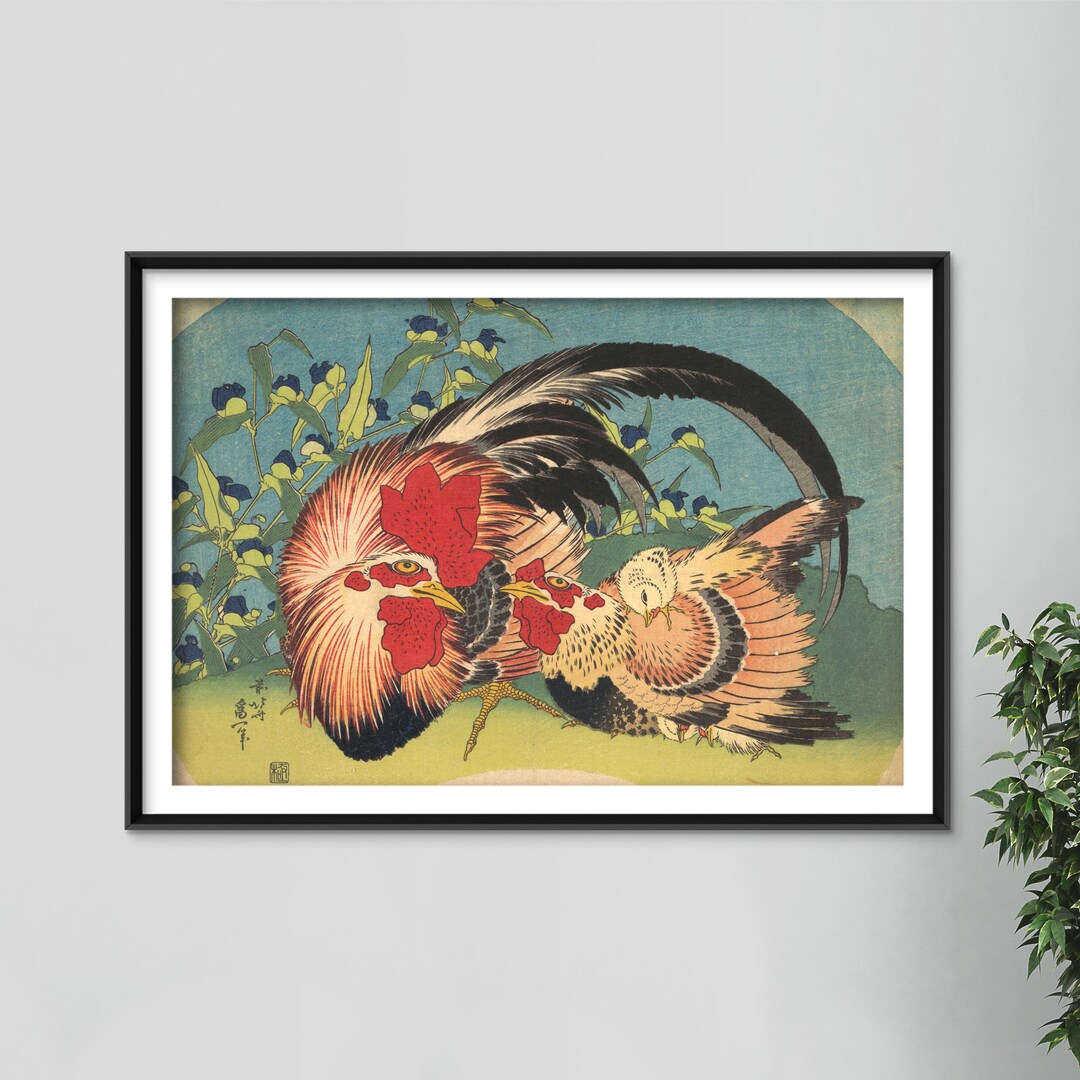 葛飾北斎 - 雄鶏と雌鶏とツユクサ (1830) - 絵画写真ポスタープリント