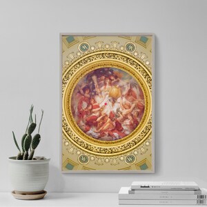 May include: Framed artwork featuring a Renaissance-style painting. The painting depicts a celestial scene with figures in shades of red, gold, and white. The artwork is framed in a gold and beige border, with decorative accents and the letter "W".