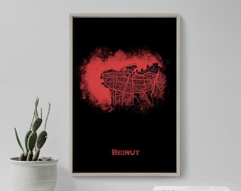 Beirut, Lebanon Map - Art Print "Red Splatter" - Poster Gift Wall Home Decor Street Road Travel City Town