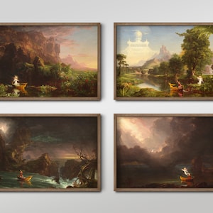 Puede incluir: Cuatro pinturas enmarcadas que representan diferentes escenas de la misma historia. La primera pintura muestra a una mujer en un bote en un lago tranquilo con una monta&ntilde;a en el fondo. La segunda pintura muestra a una mujer en un bote en un lago tranquilo con una ciudad en el fondo. La tercera pintura muestra a una mujer en un bote en un mar tormentoso con una monta&ntilde;a en el fondo. La cuarta pintura muestra a una mujer en un bote en un mar tormentoso con una ciudad en el fondo.