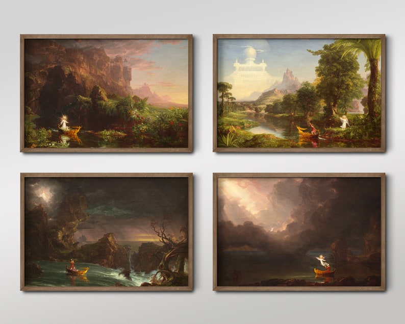 Puede incluir: Cuatro pinturas enmarcadas que representan diferentes escenas de la misma historia. La primera pintura muestra a una mujer en un bote en un lago tranquilo con una monta&ntilde;a en el fondo. La segunda pintura muestra a una mujer en un bote en un lago tranquilo con una ciudad en el fondo. La tercera pintura muestra a una mujer en un bote en un mar tormentoso con una monta&ntilde;a en el fondo. La cuarta pintura muestra a una mujer en un bote en un mar tormentoso con una ciudad en el fondo.