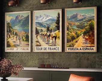 Vintage Cycling Posters - Giro D'Italia, Tour de France, Vuelta a Espana Art Prints - 3 Bicycle Painting Gift Grand Tour Road Set of Three