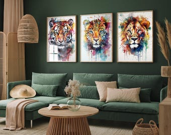 Animal Portraits Set of Three Paintings - Close Up Watercolour Art Prints - Tiger, Leopard and Lion Posters - Safari Africa Cheetah