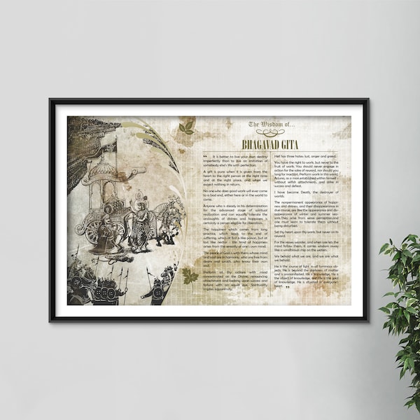 La sabiduría del Bhagavad Gita - Lámina artística original con sus mejores citas - Póster fotográfico - Hinduismo - Texto espiritual hindú